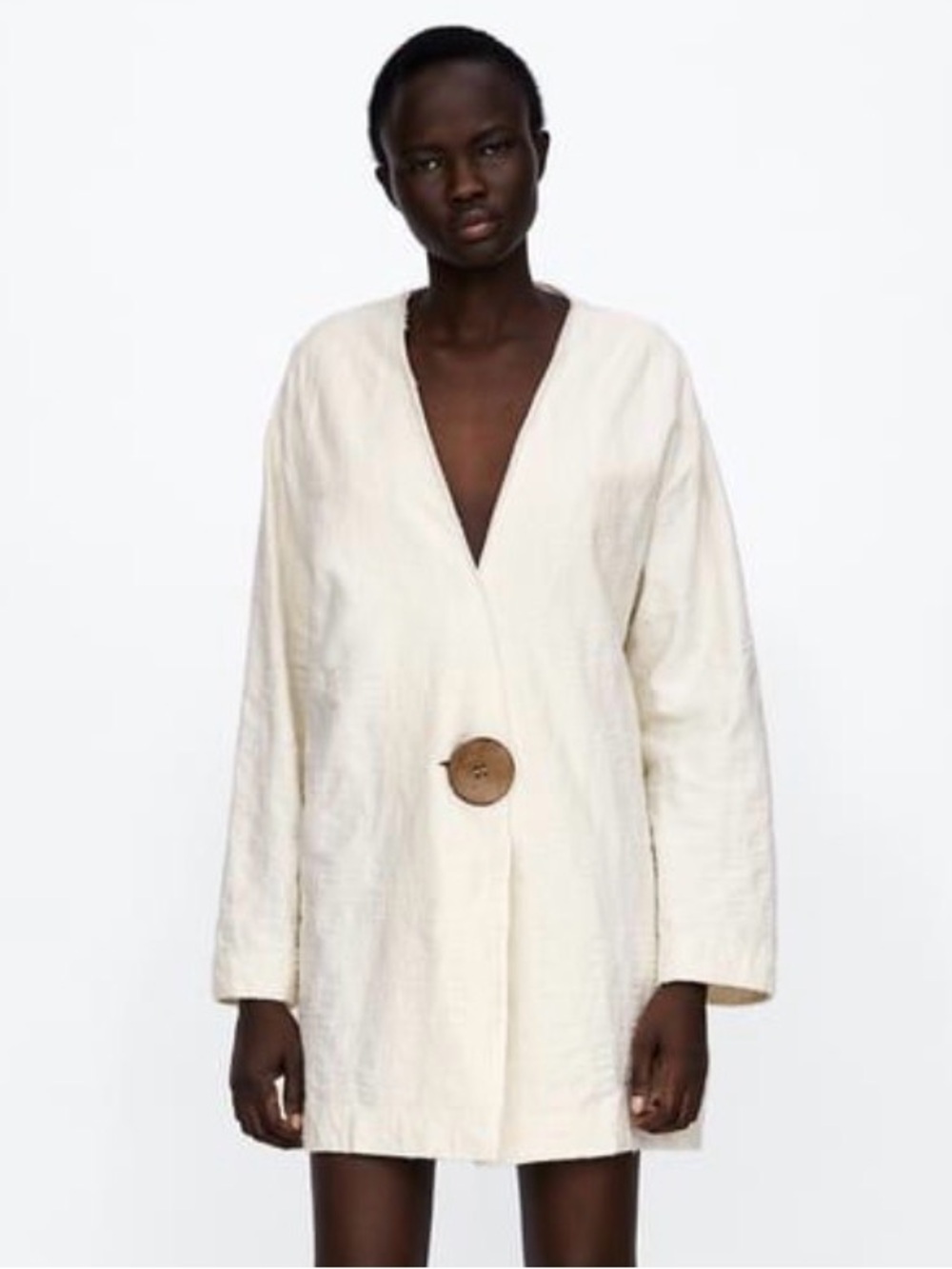 Zara Basic Cream Textured One Button Longline Blazer Jacket Small